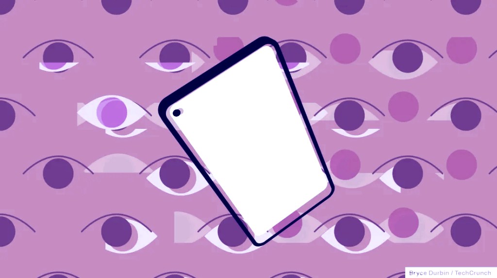 An illustration showing an Android cellphone and creepy eyes in the background.