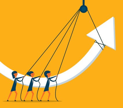 Three business women tugging on ropes attached to a pulley that are raising an arrow to show positive growth.
