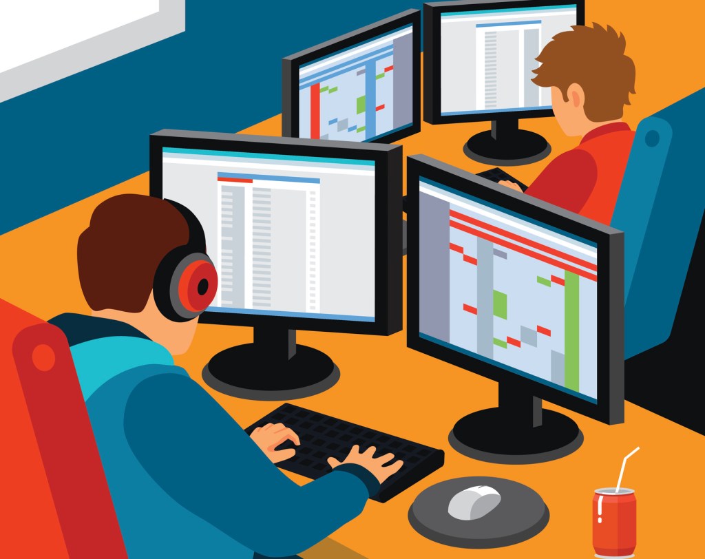 Software development office. Two programmers working at their desks. Flat style vector illustration.