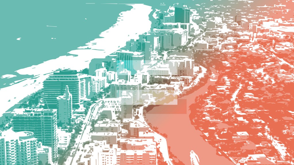 An illustration of Miami showing the beach in a green and orange motif