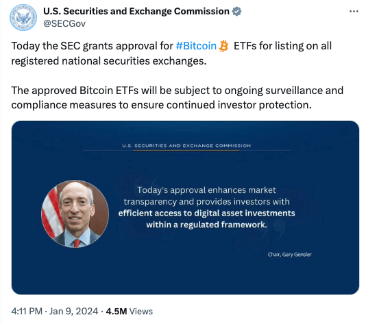 A screenshot of the fake SEC post published by hackers who took over control of the @SECGov X account on January 9, 2024.