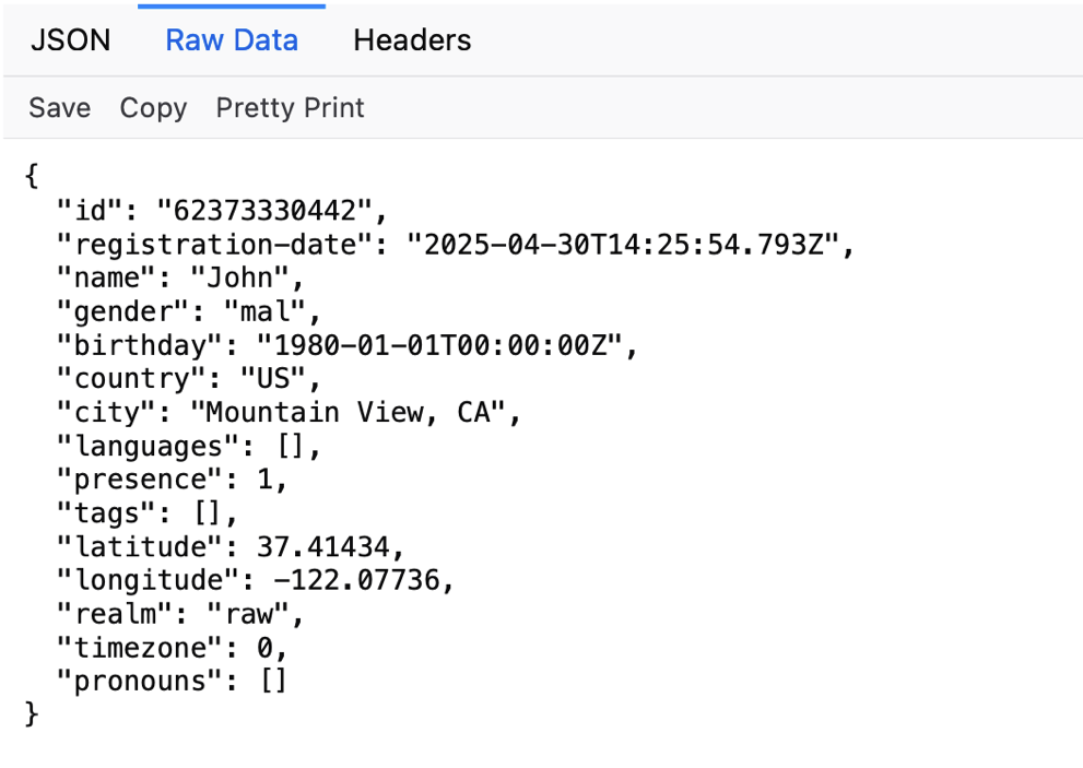 a screenshot showing an exposed user's profile set up by TechCrunch, which includes the user's precise location.